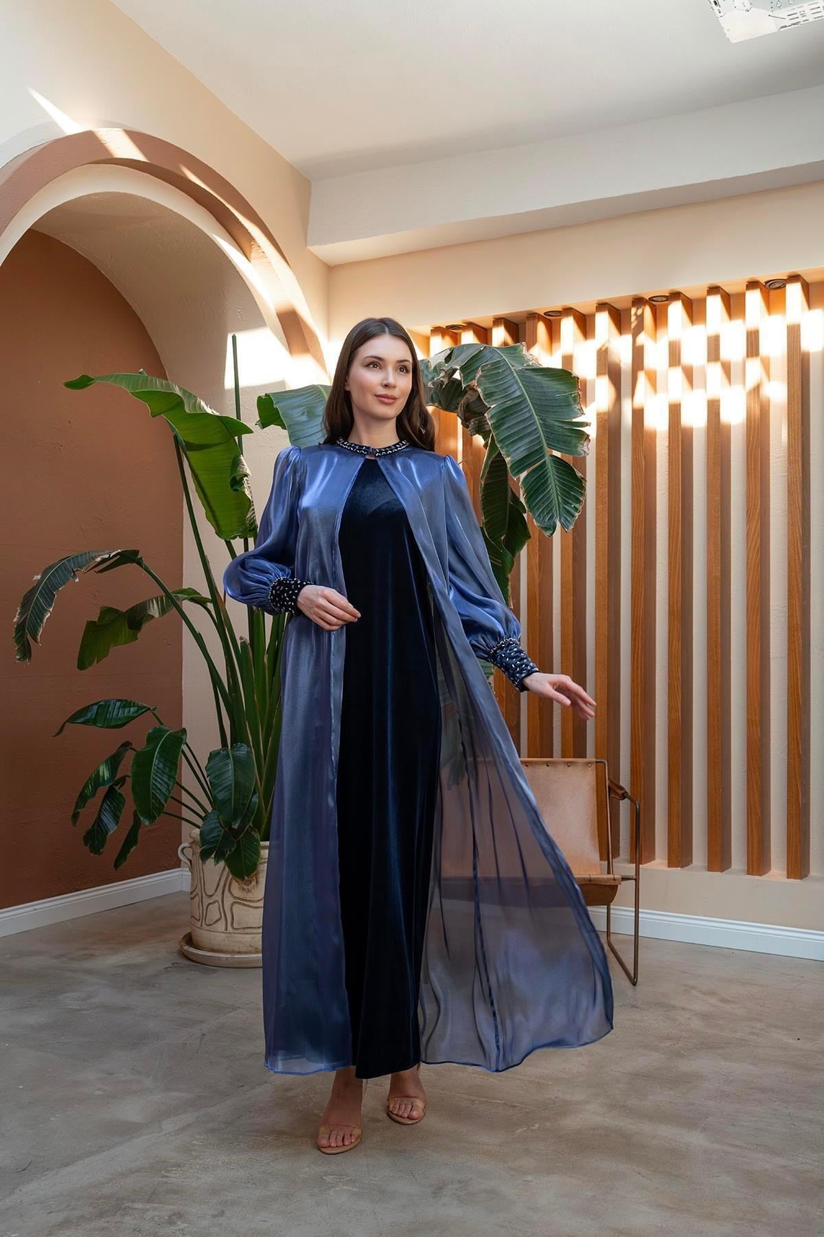 El İşlemeli Abaya Elbise İkili Takım Lacivert