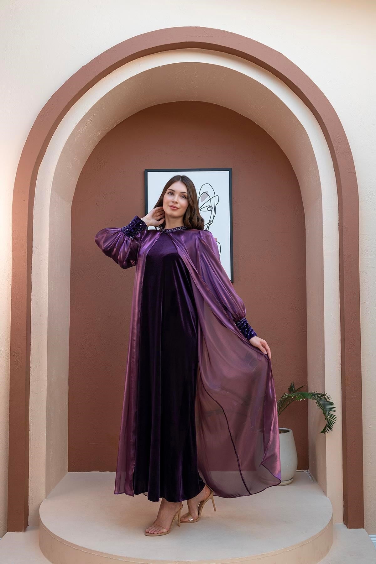 El İşlemeli Abaya Elbise İkili Takım Mor