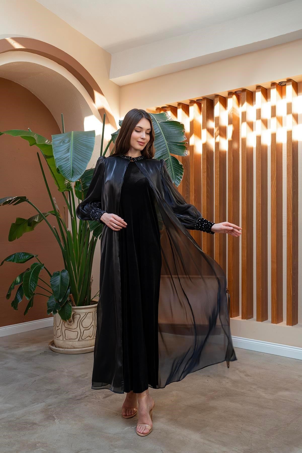 El İşlemeli Abaya Elbise İkili Takım Siyah