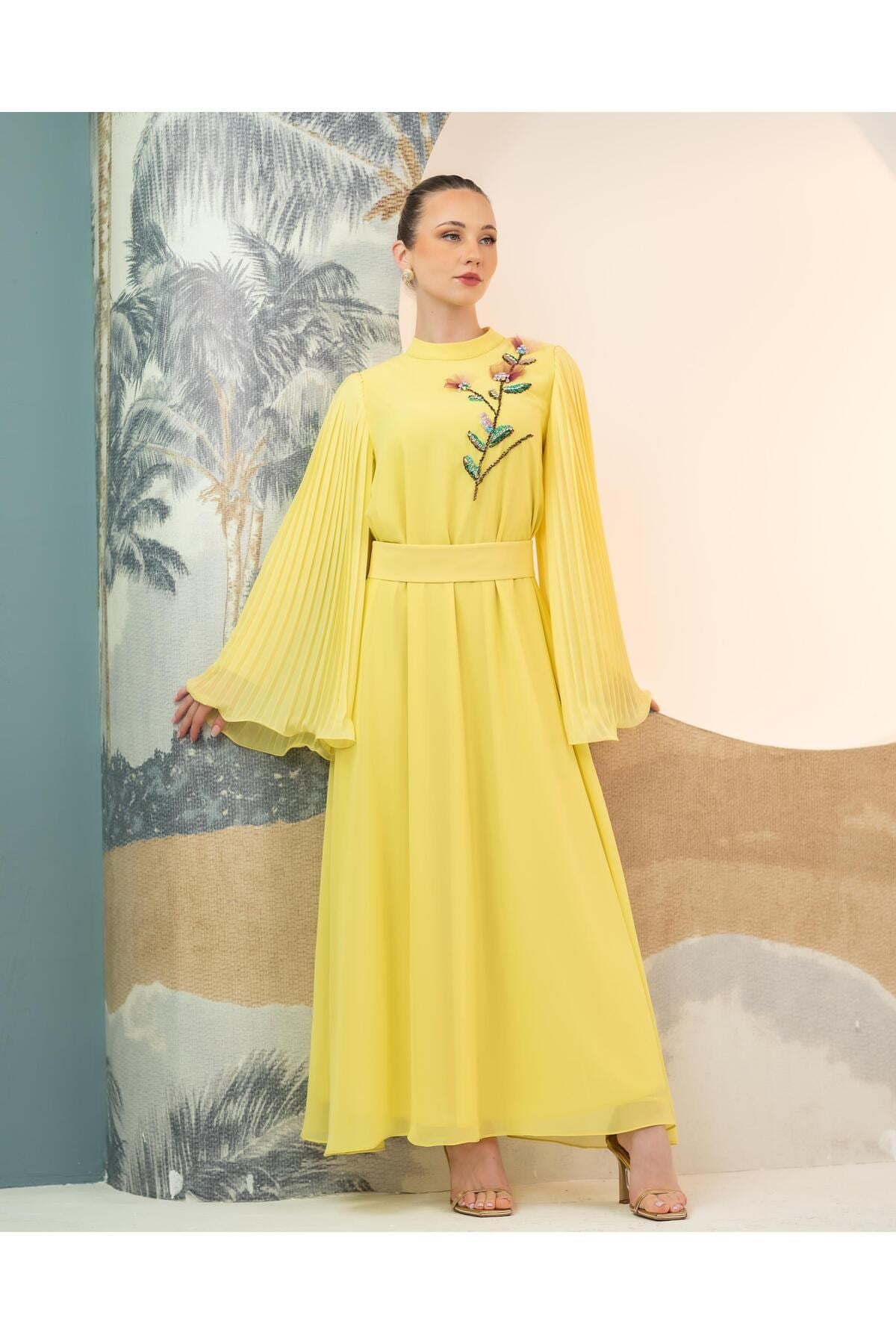 El İşlemeli Şifon Elbise New Sarı