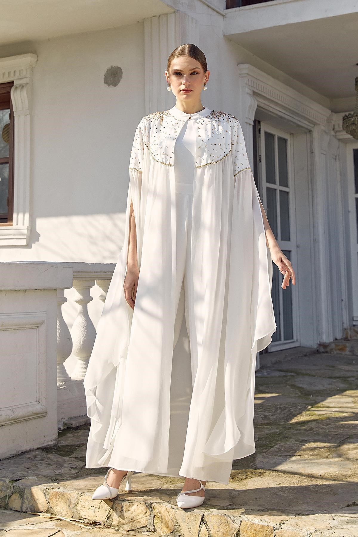 El İşlemeli Tulum Abaya Takım Beyaz