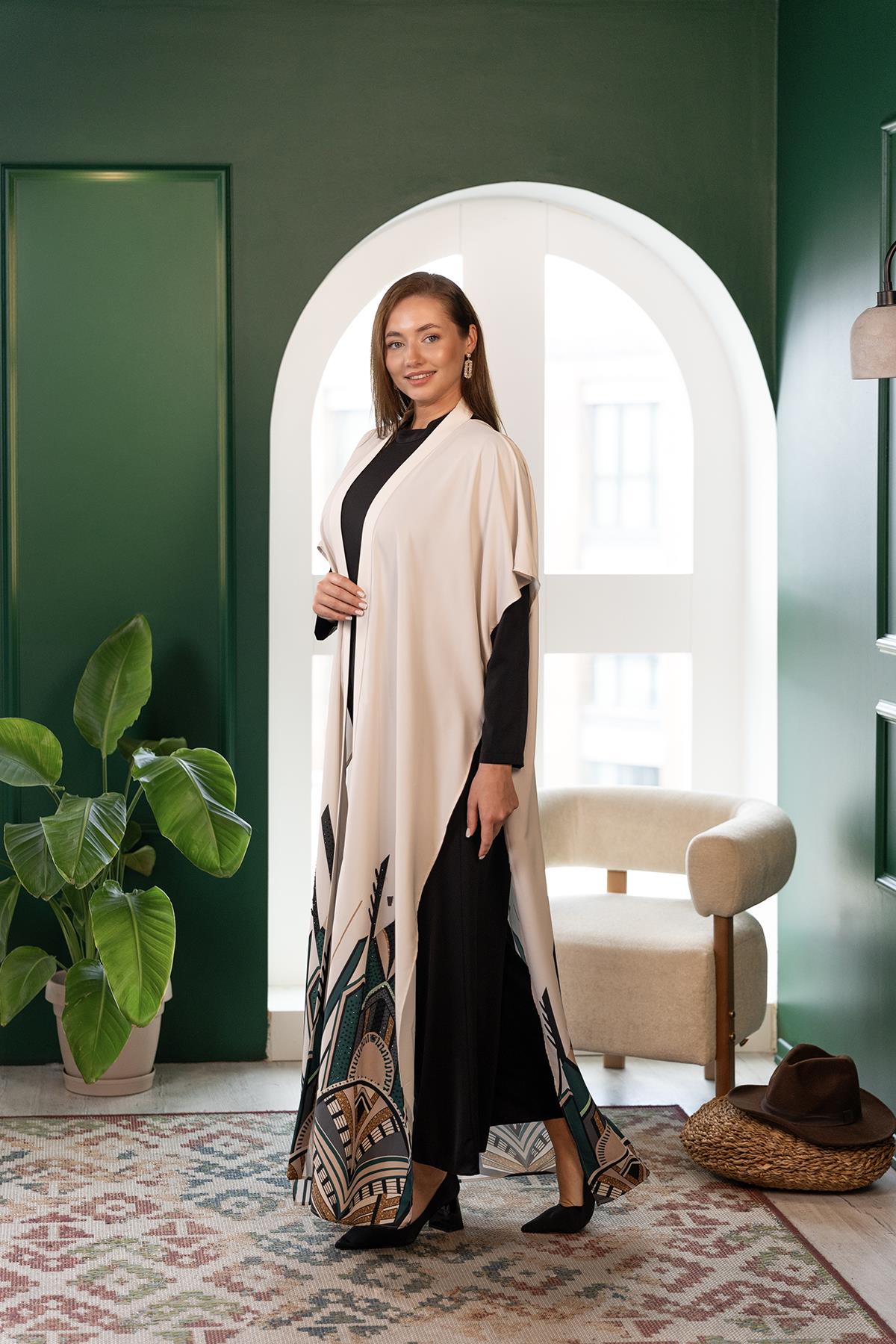 Etnik Baskılı Abaya Tulum Takımı Siyah-Ekru