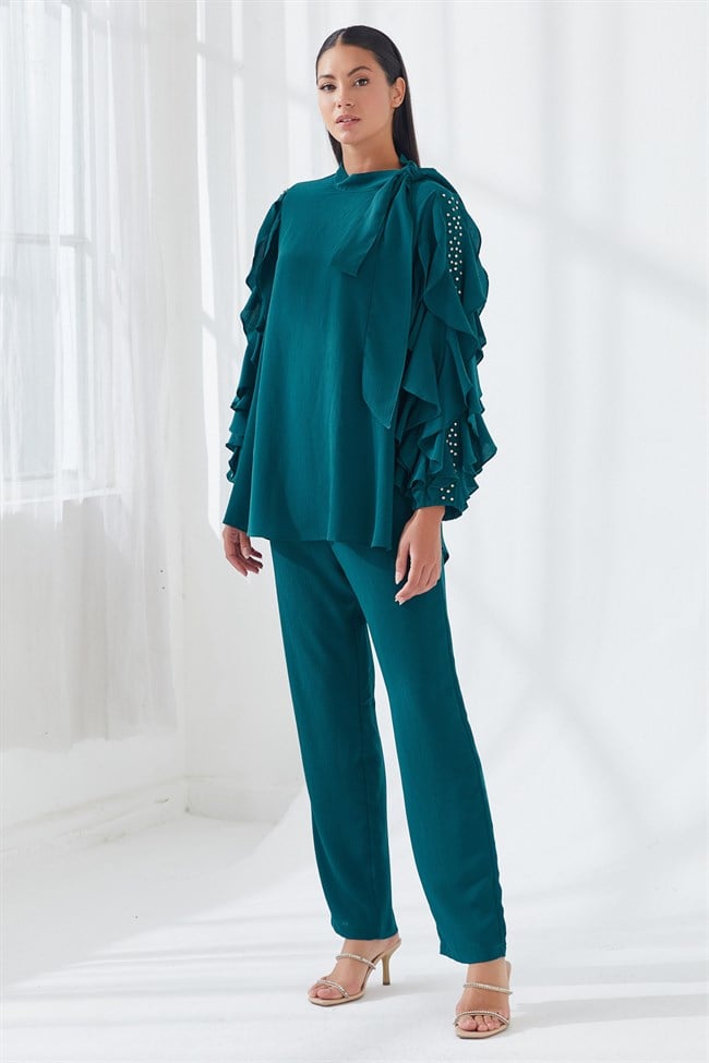 Fırfır Kollu Taş İşlemeli Bluz Pantolon İkili Takım Yeşil