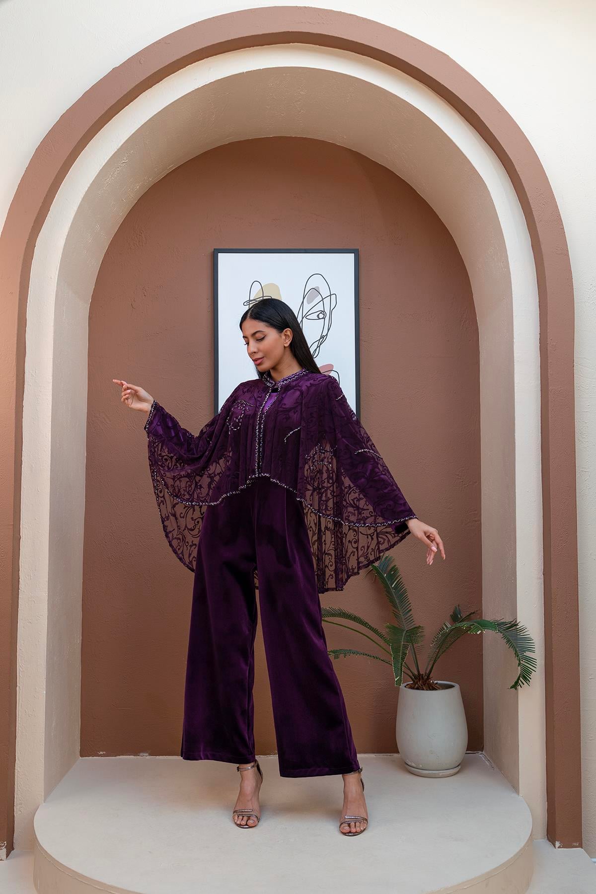 Flok Baskılı Tulum Mor