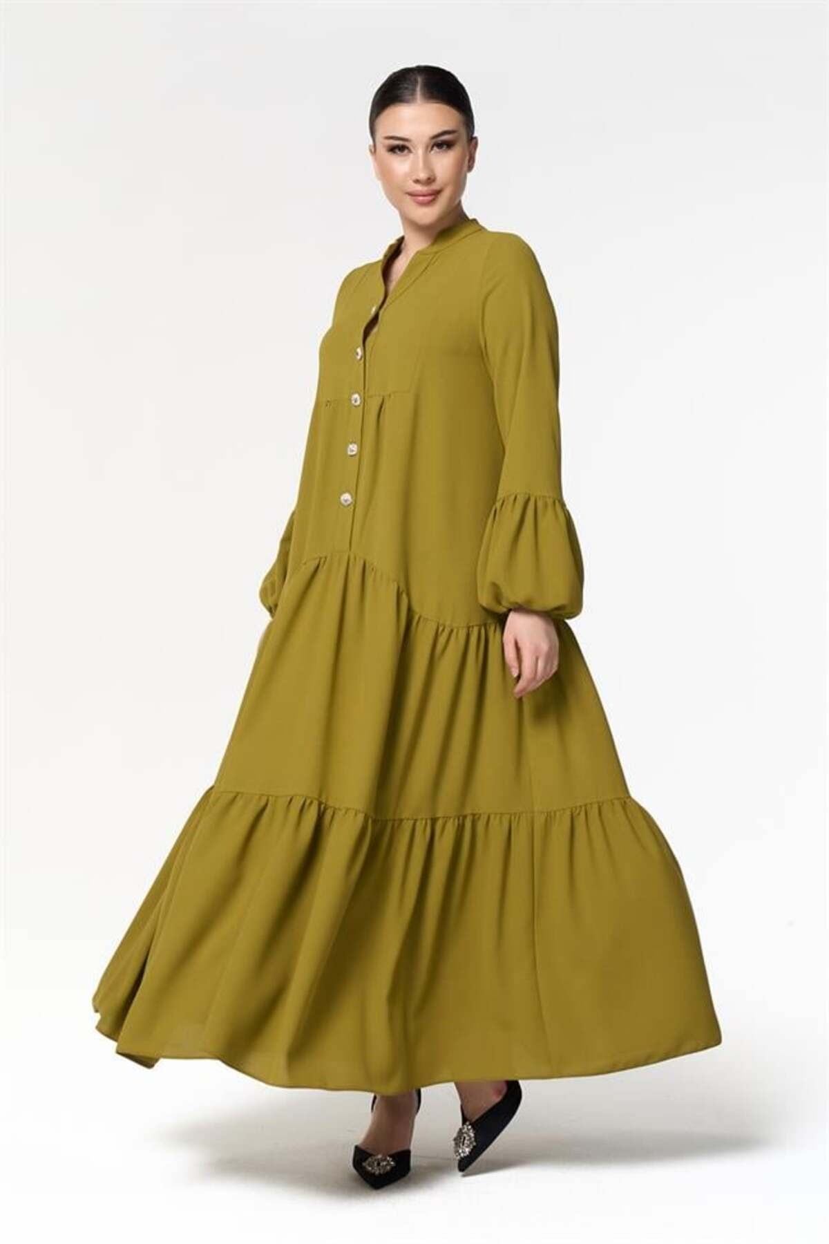 Gold Taşlı Düğmeli Elbise Yeşil