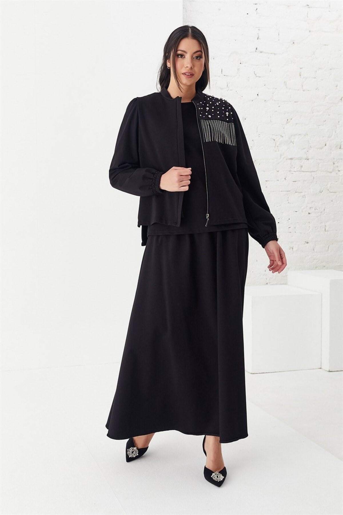 İki İplik Taş İşlemeli Bluz Etek Ceket Üçlü Takım Siyah