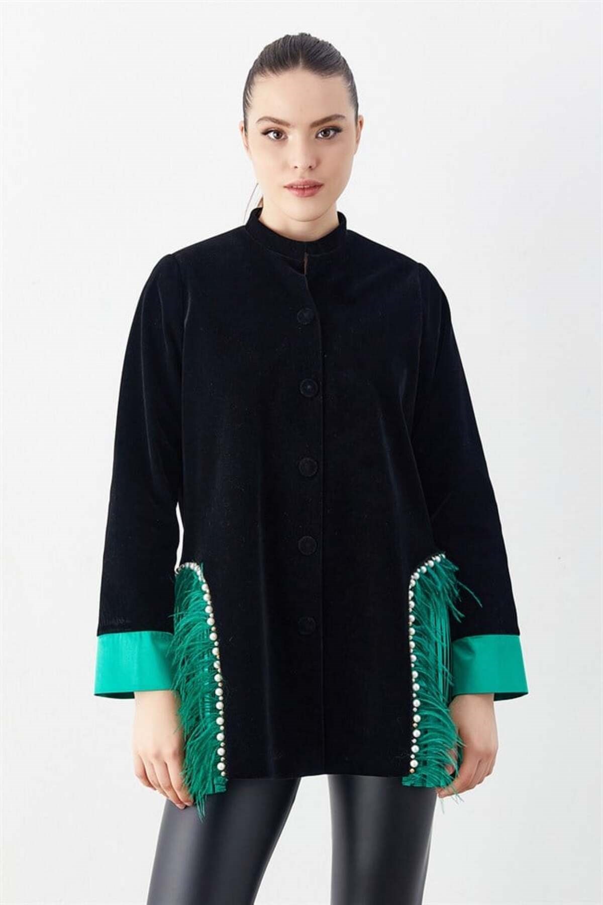 İnci Işlemeli Ceket Siyah-yeşi