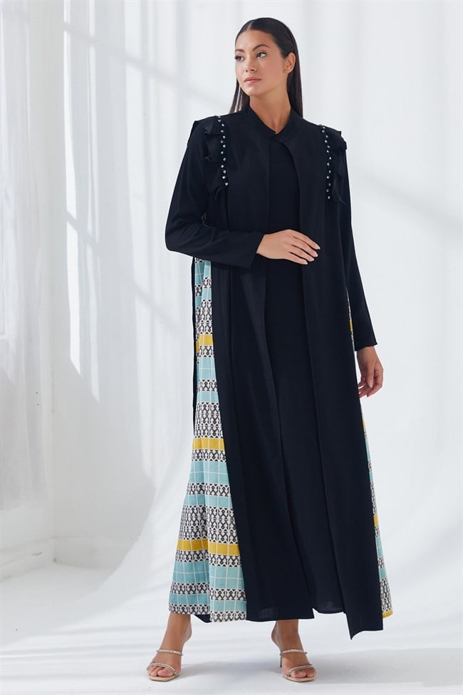 İnci İşlemeli Elbise Abaya İkili Takım Siyah