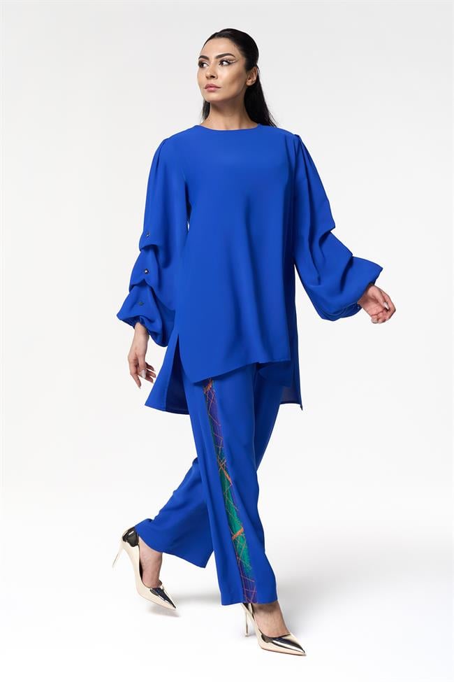 Jakar Desenli Bluz Pantolon  İkili Takım Saks