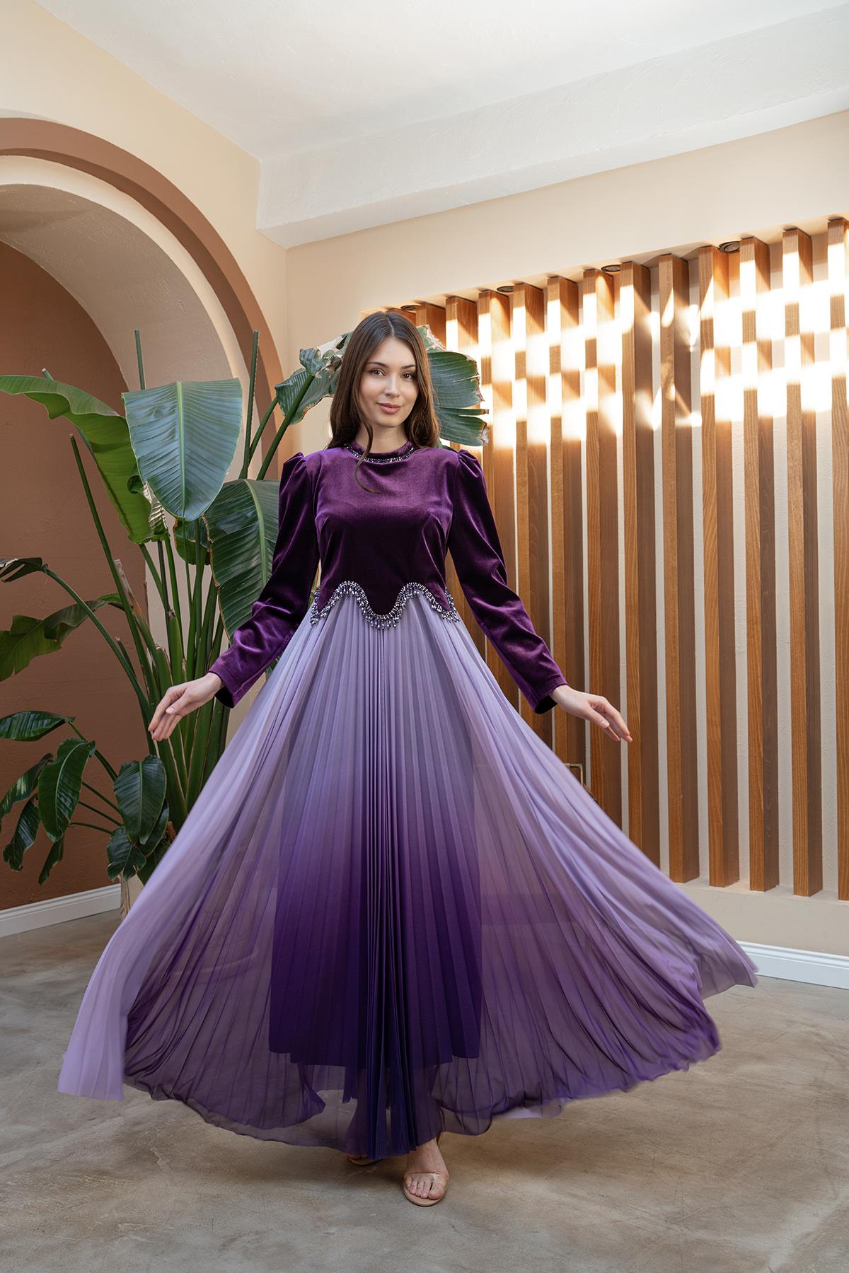 Kadife Taş İşlemeli Elbise Mor