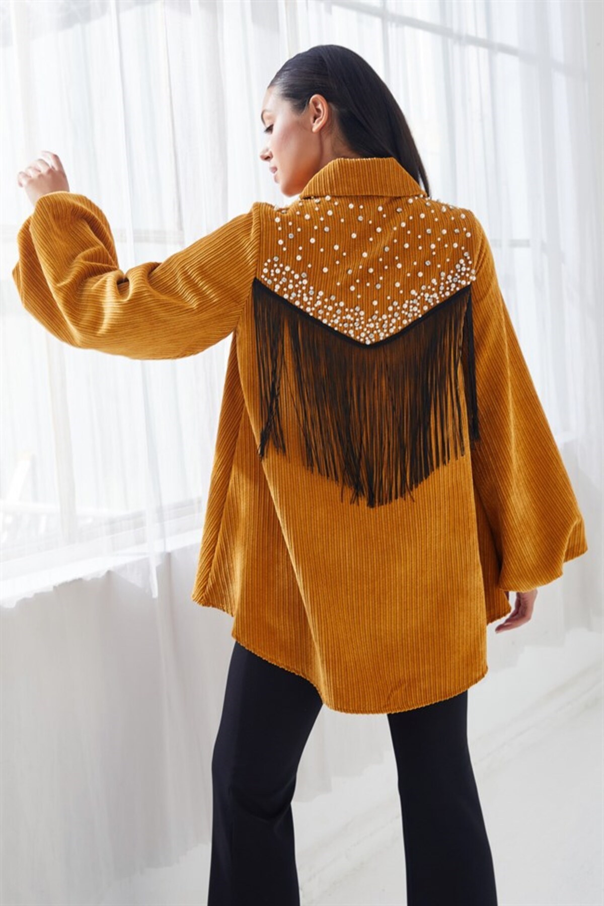 Kadife Taş Işlemeli Gömlek Hardal