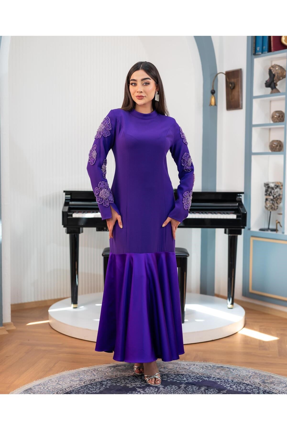 Koları El İşlemeli Elbise Mor
