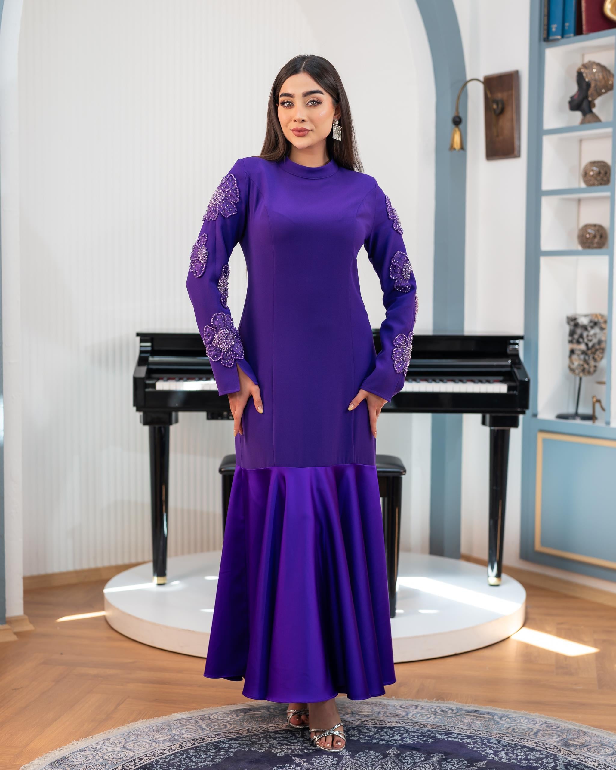 Koları El İşlemeli Elbise Mor