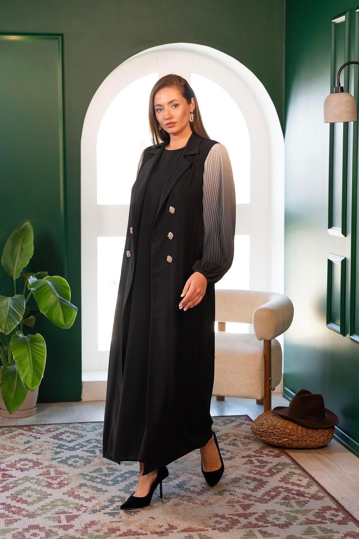 Kolları Dijital Baskılı Abaya Siyah