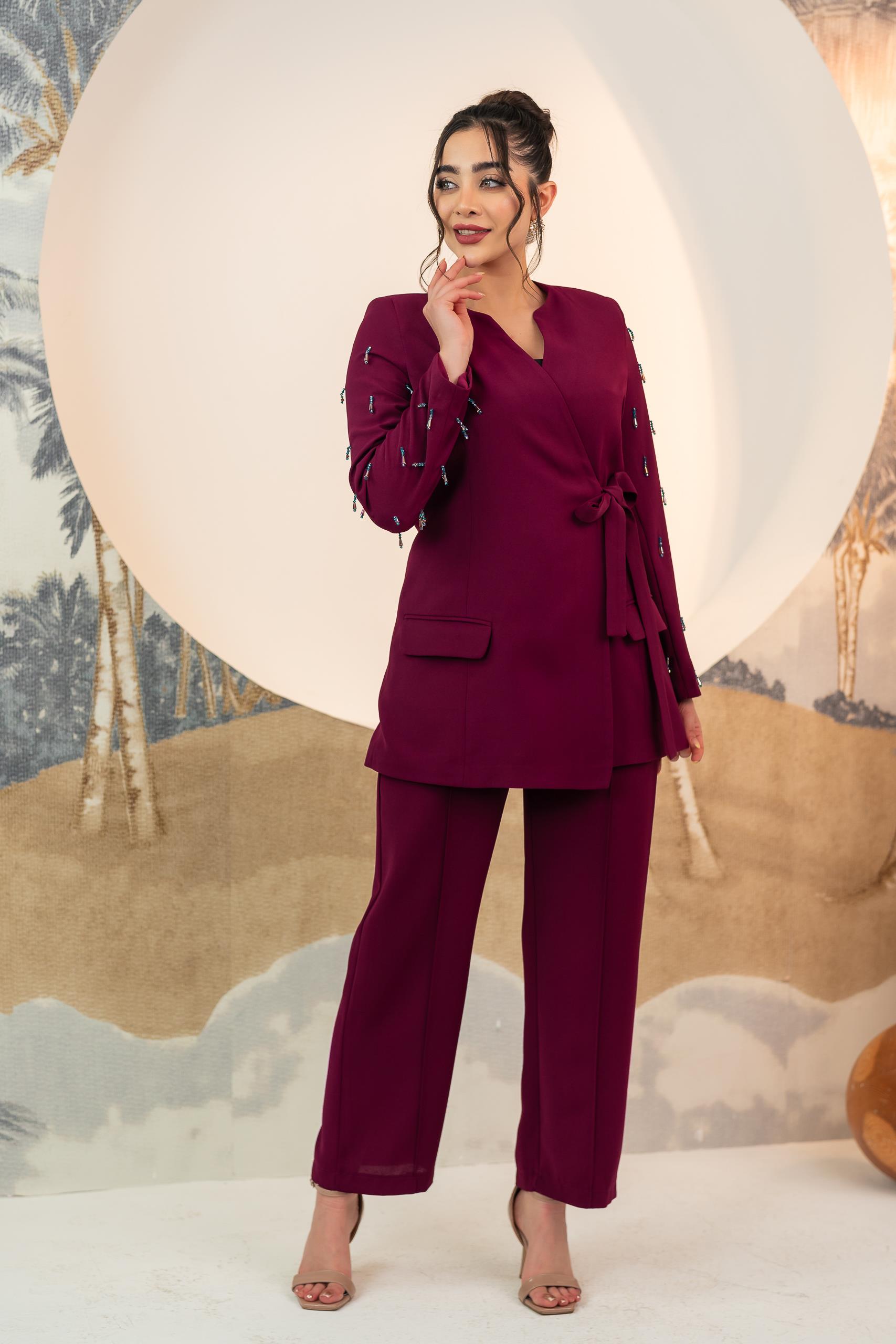 Kolları El İşlemeli Ceket Pantolon İkili Takım Bordo