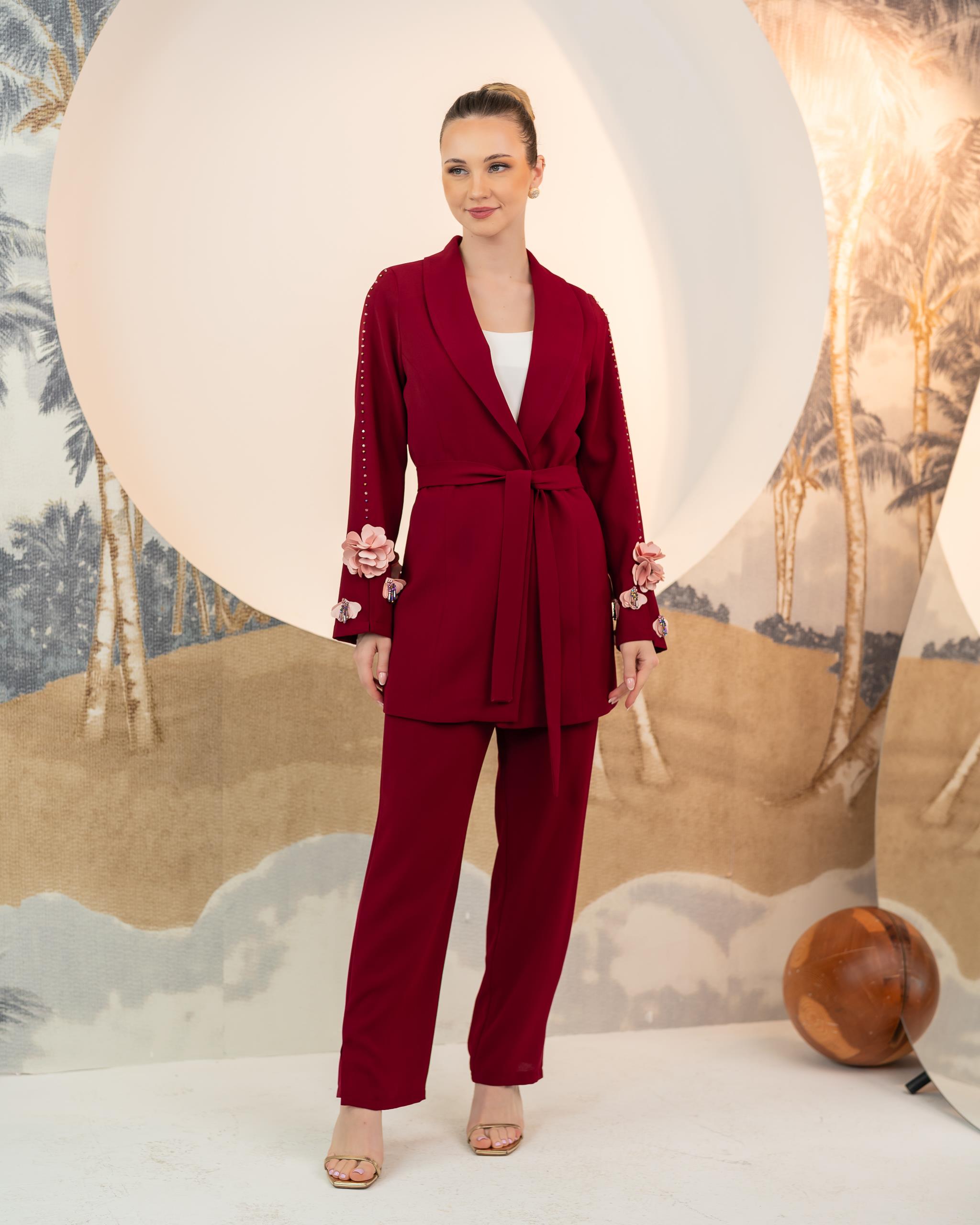 Kolları Güllü Ceket Pantolon İkili Takım Bordo