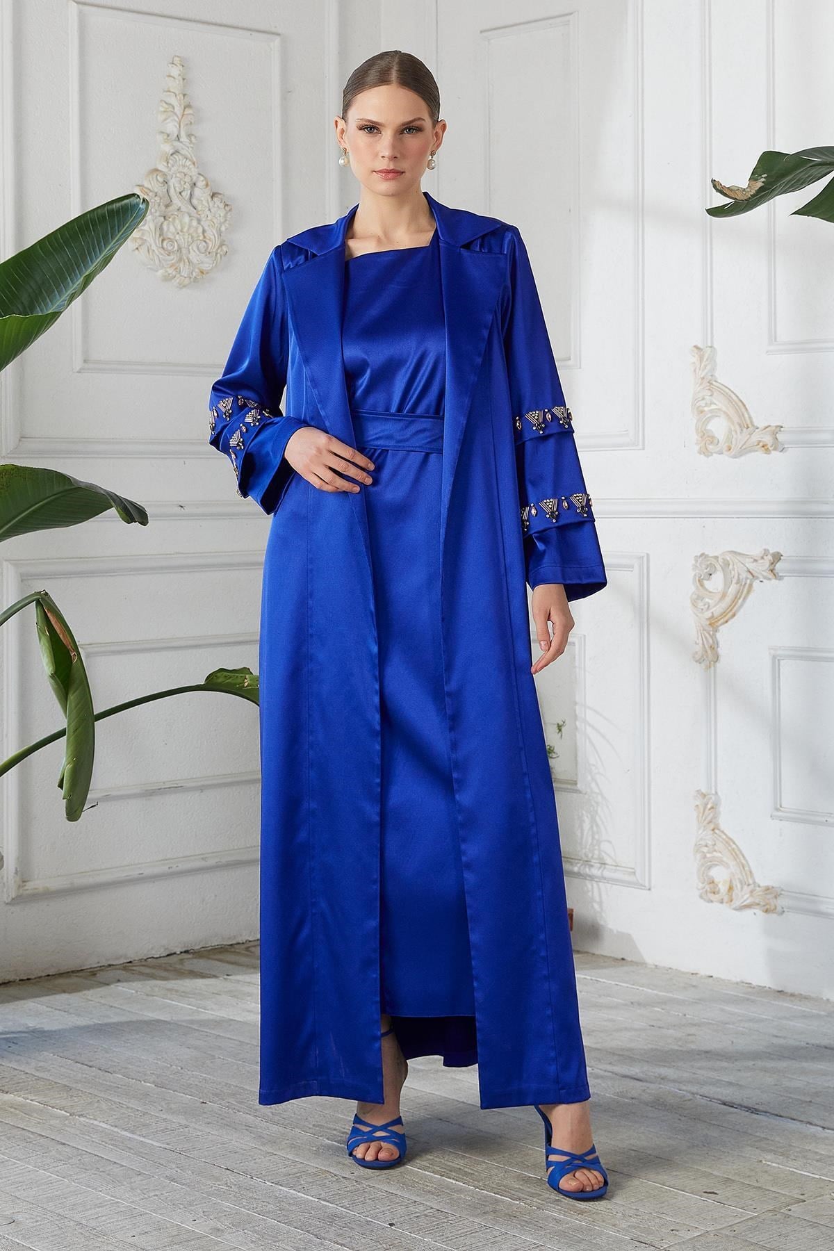Kolları Taşlı Abaya Elbise Saks