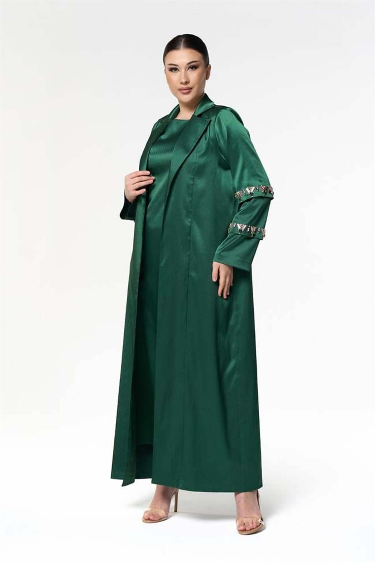 Kolları Taşlı Abaya Elbise Yeşil