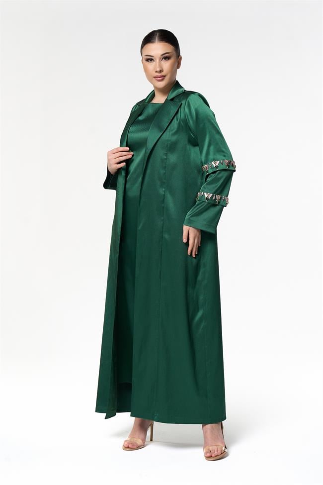 Kolları Taşlı Abaya Elbise Yeşil
