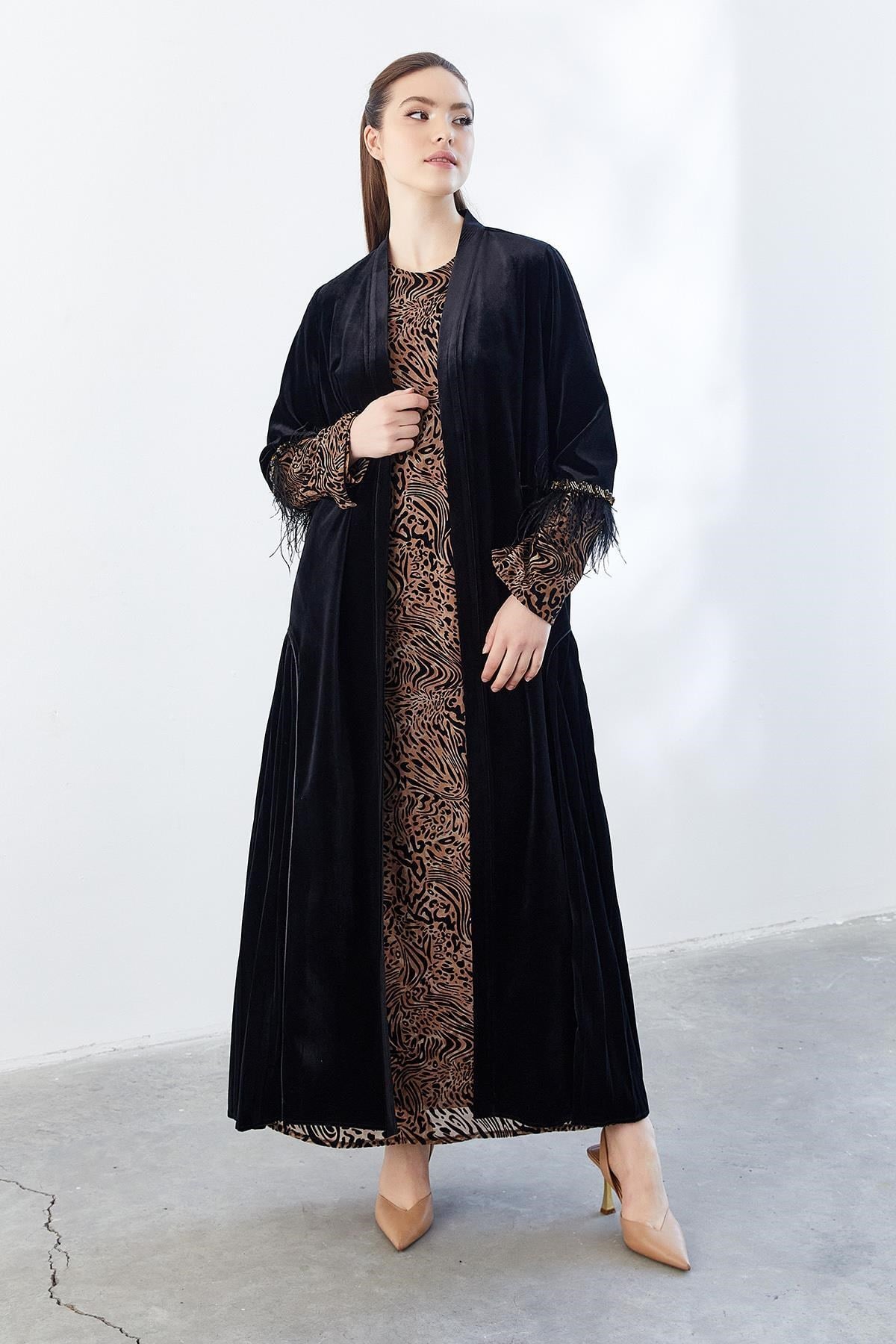 Leopar Desenli Abaya Elbise İkili Takım Siyah