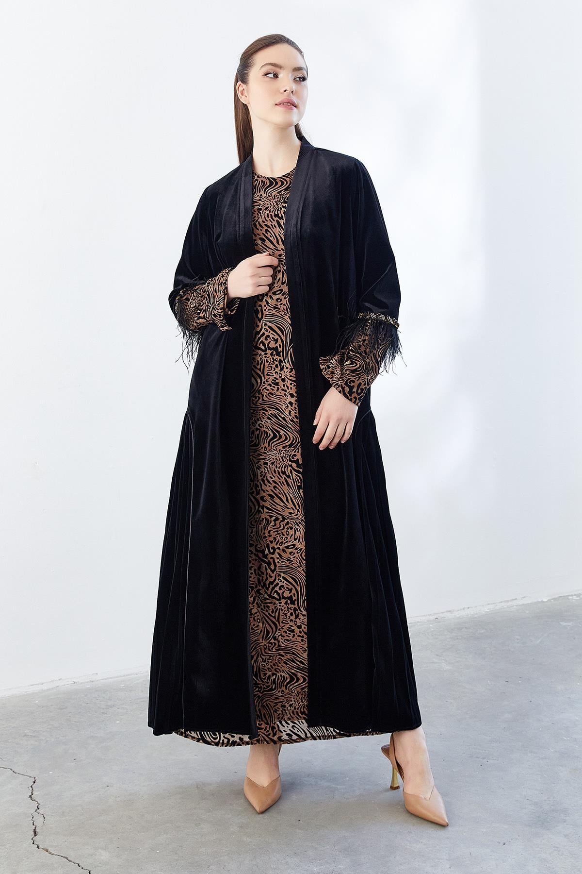 Leopar Desenli Abaya Elbise İkili Takım Siyah