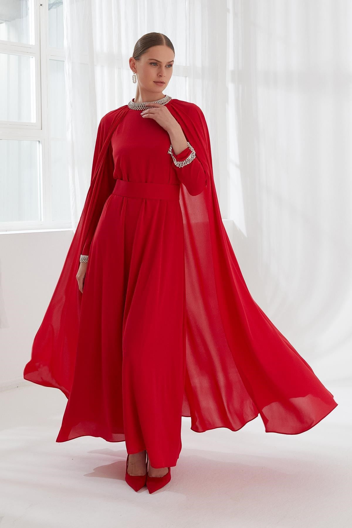 Multi Şifon Pelerinli Elbise Kırmızı