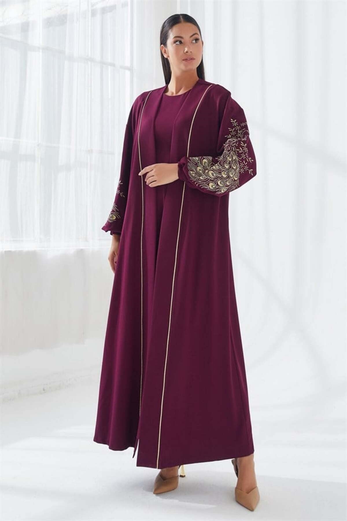 Nakış İşlemeli İkili Abaya Takım Bordo