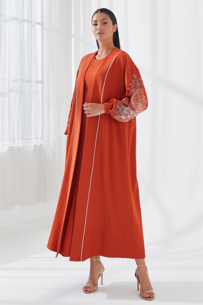 Nakış İşlemeli İkili Abaya Takım Kiremit