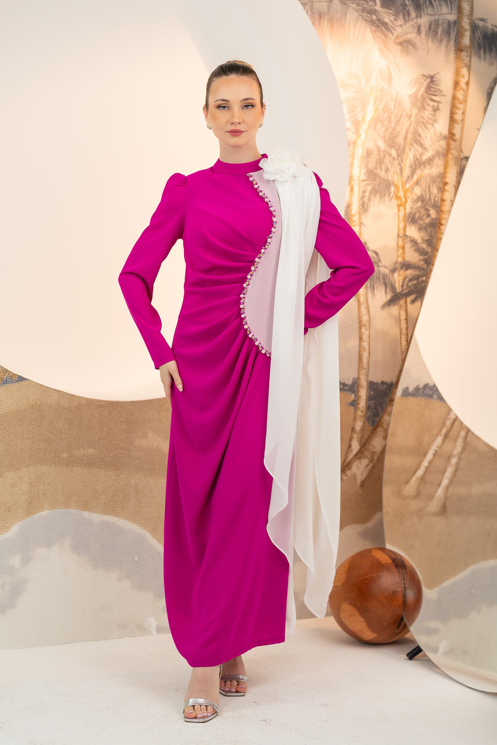 Omuzdan Şallı Elbise Fuşya