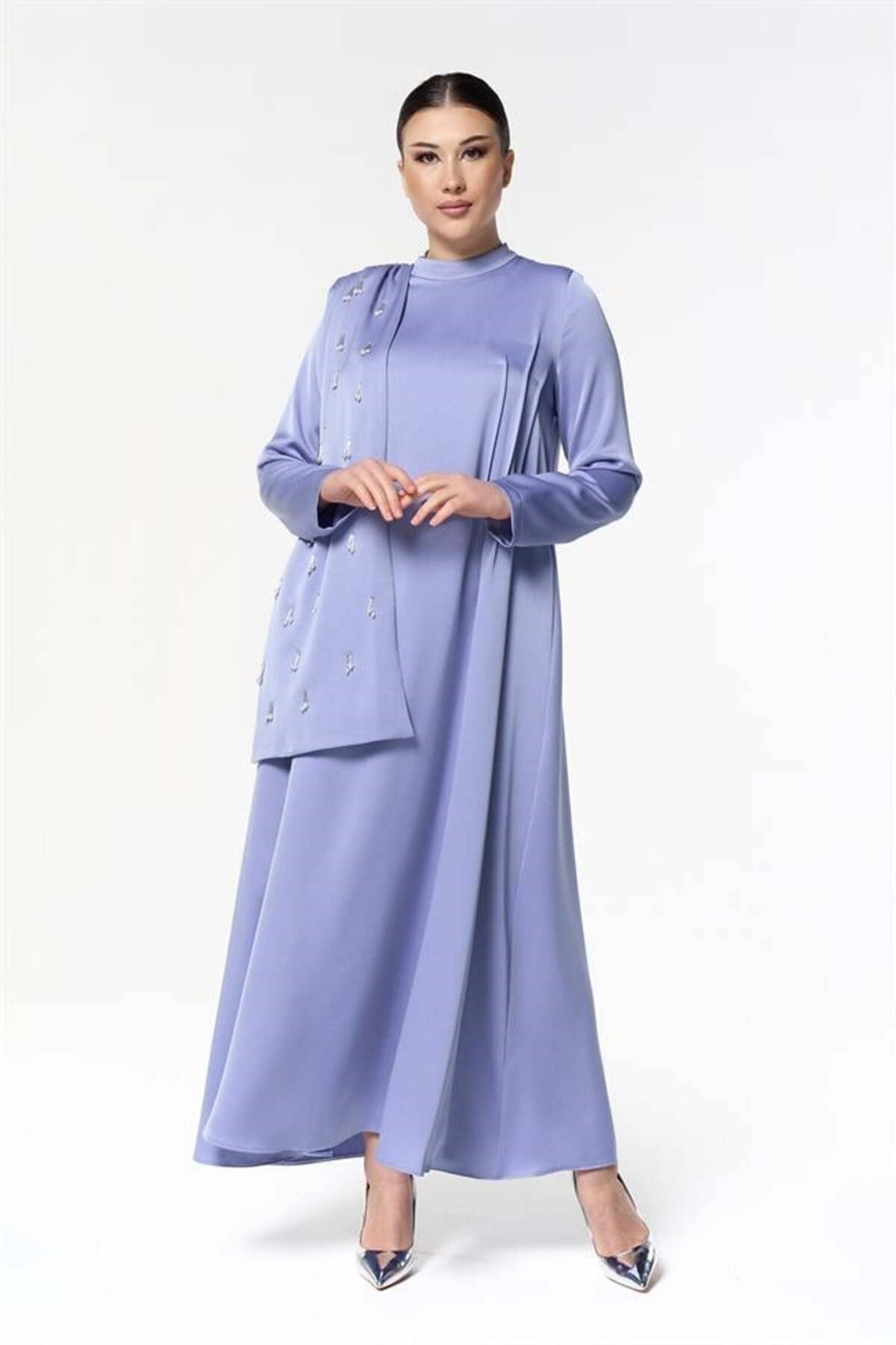 Omuzdan Şallı Elbise Mavi