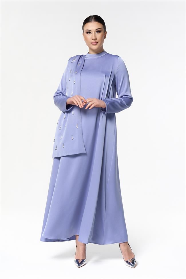 Omuzdan Şallı Elbise Mavi