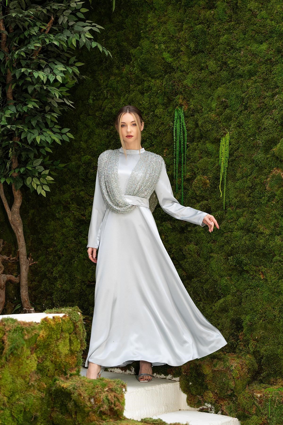 Omuzdan Şallı Elbise Mint