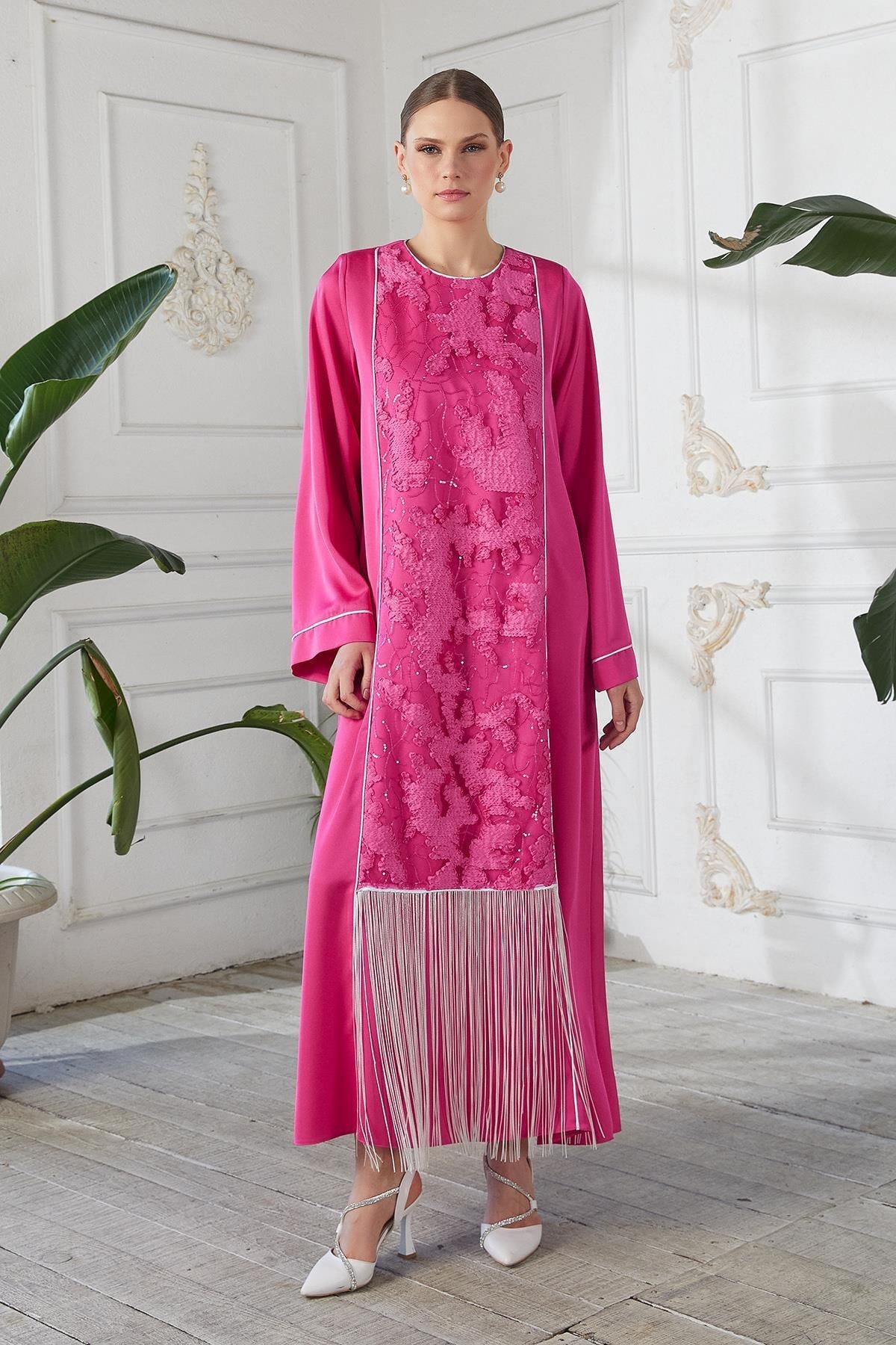 Önü Dantelli Elbise Fuşya