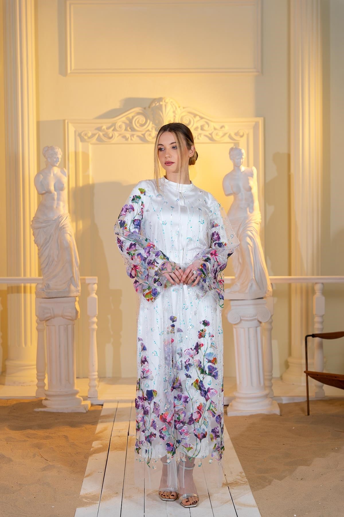Organze Abaya Elbise İkili Takım Beyaz