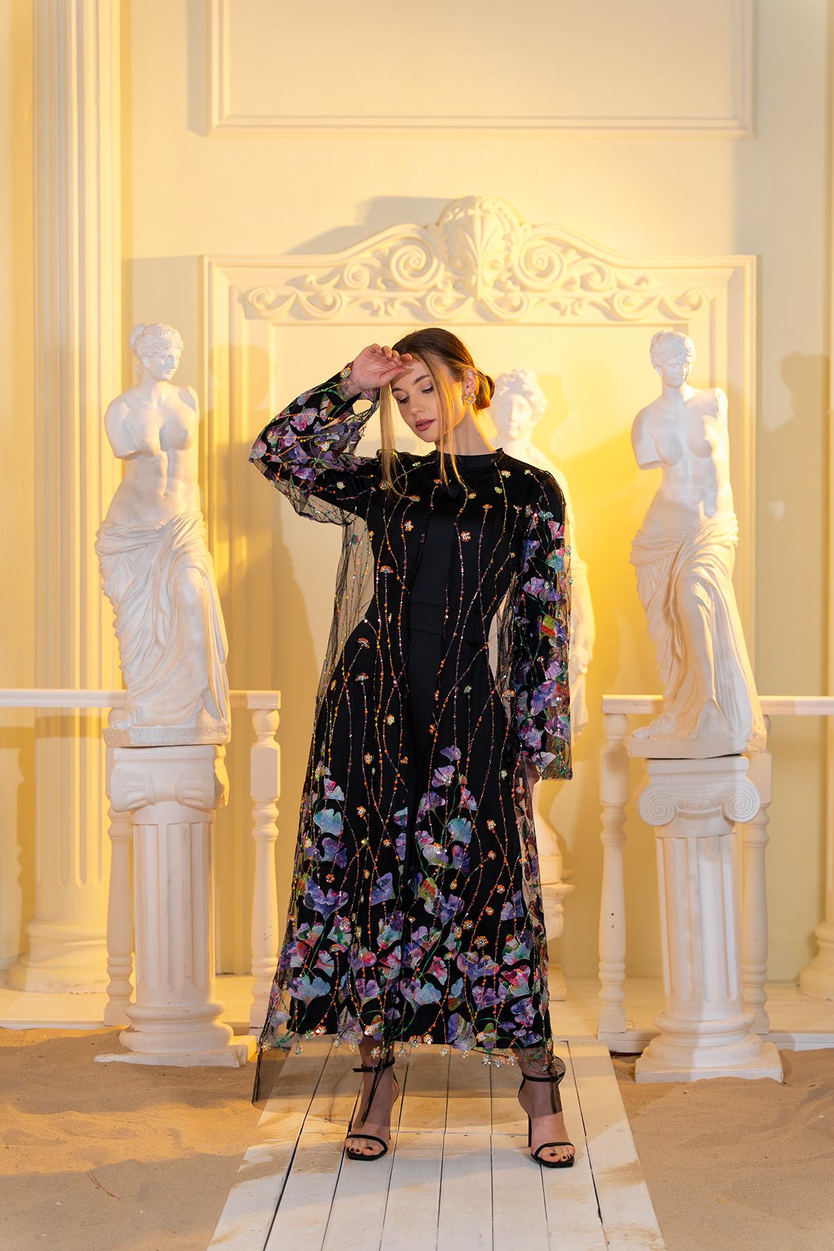 Organze Abaya Elbise İkili Takım Siyah