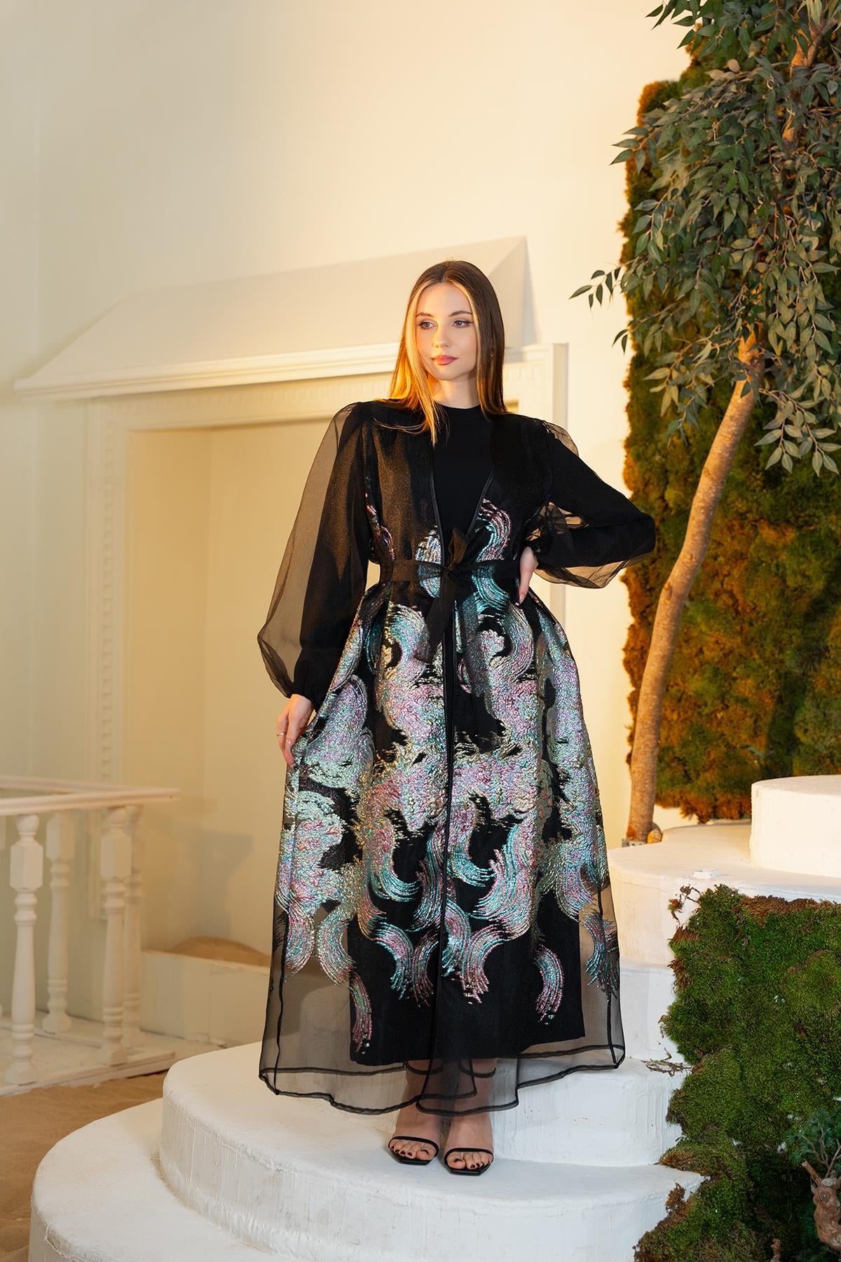 Organze Abaya Elbise İkili Takım Siyah