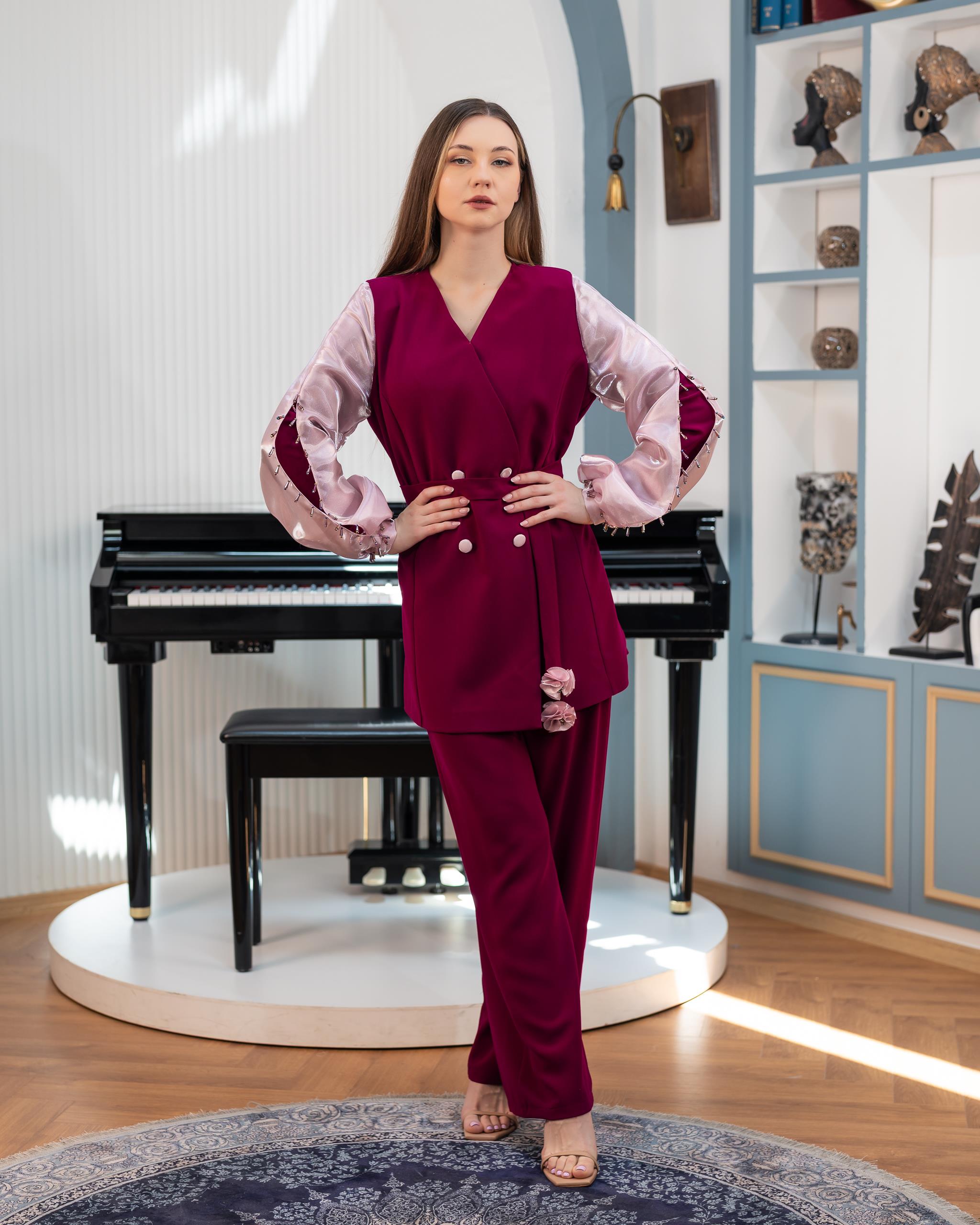 Organze Kollu Ceket Pantolon İkili Takım Pudra