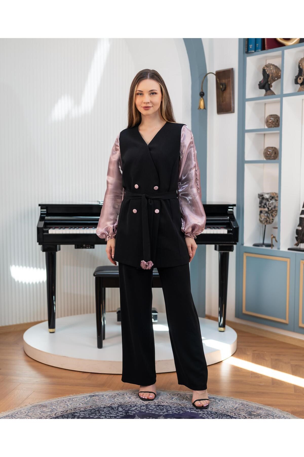 Organze Kollu Ceket Pantolon İkili Takım Vizon