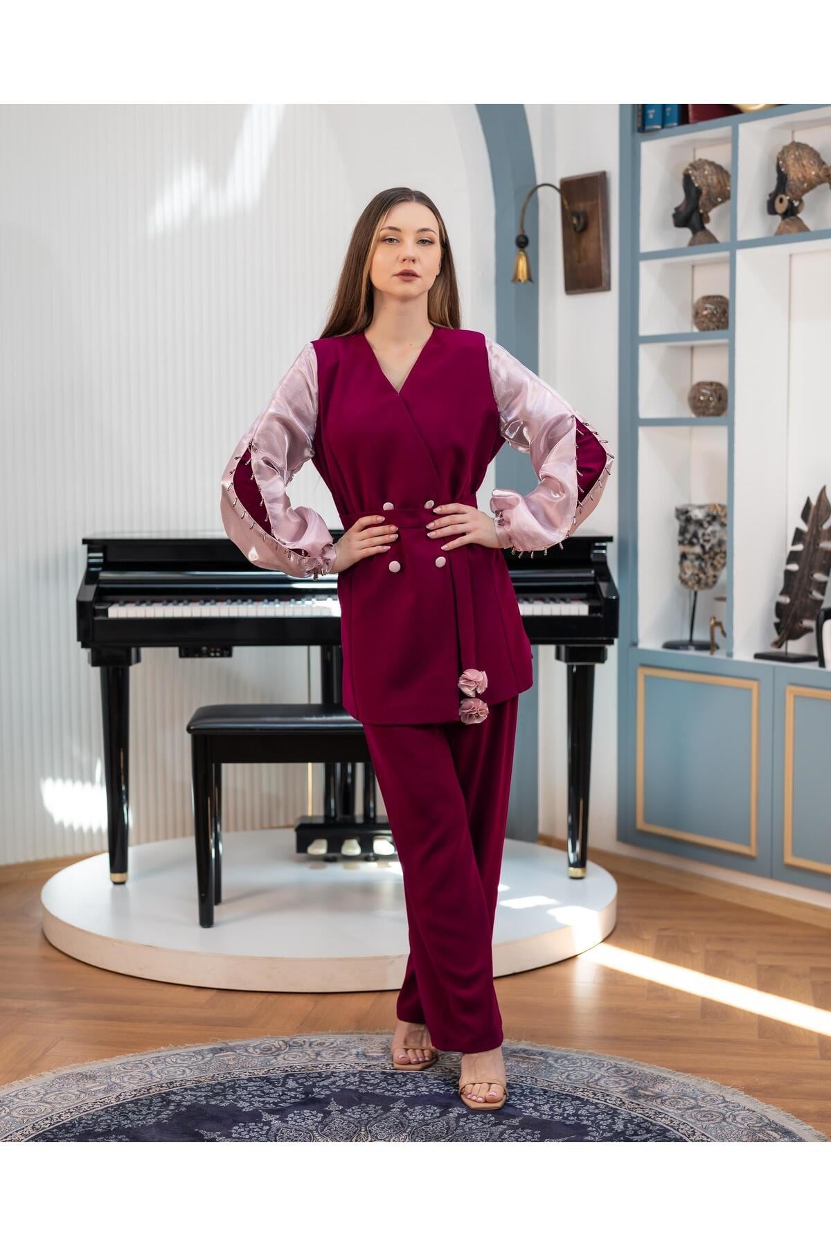 Organze Kollu Ceket Pantolon İkili Takım Pudra