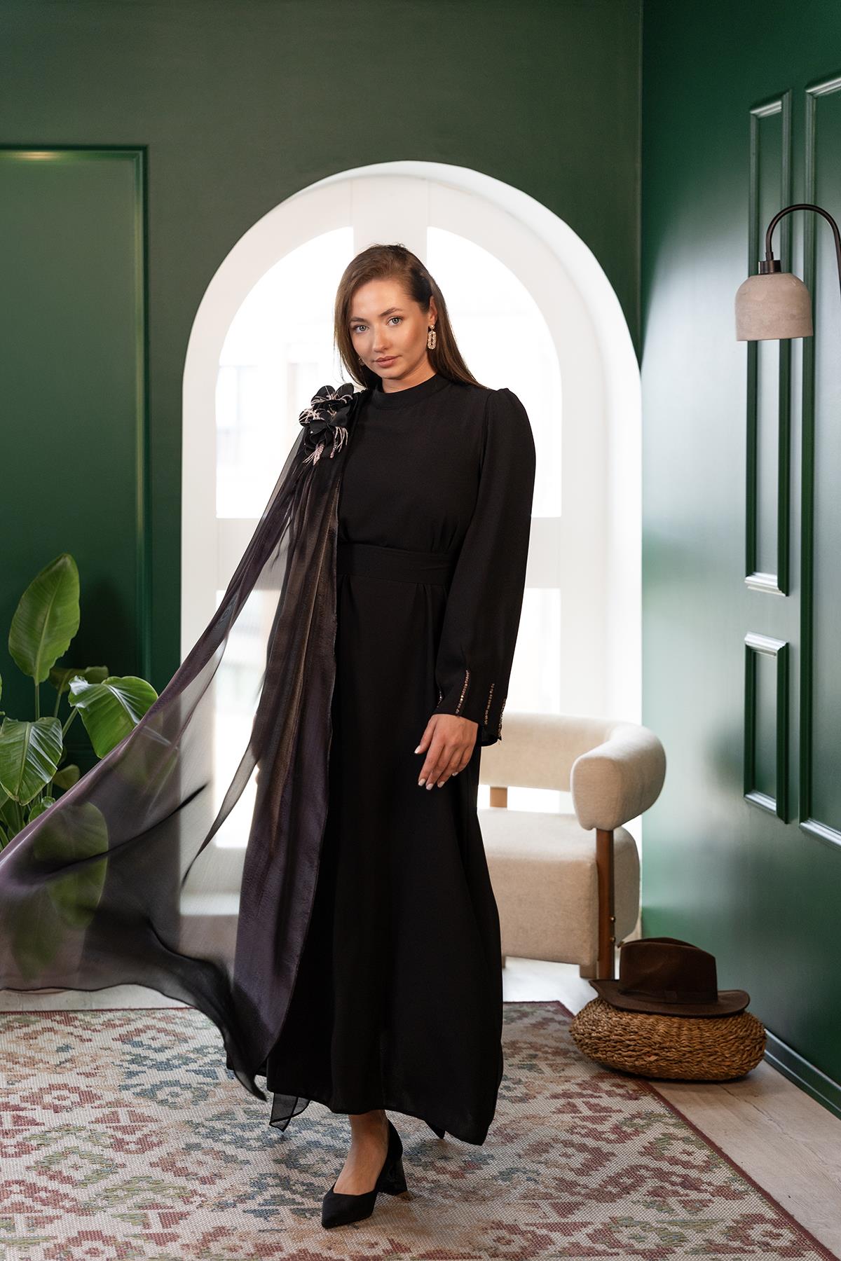 Organze Şallı Elbise Siyah