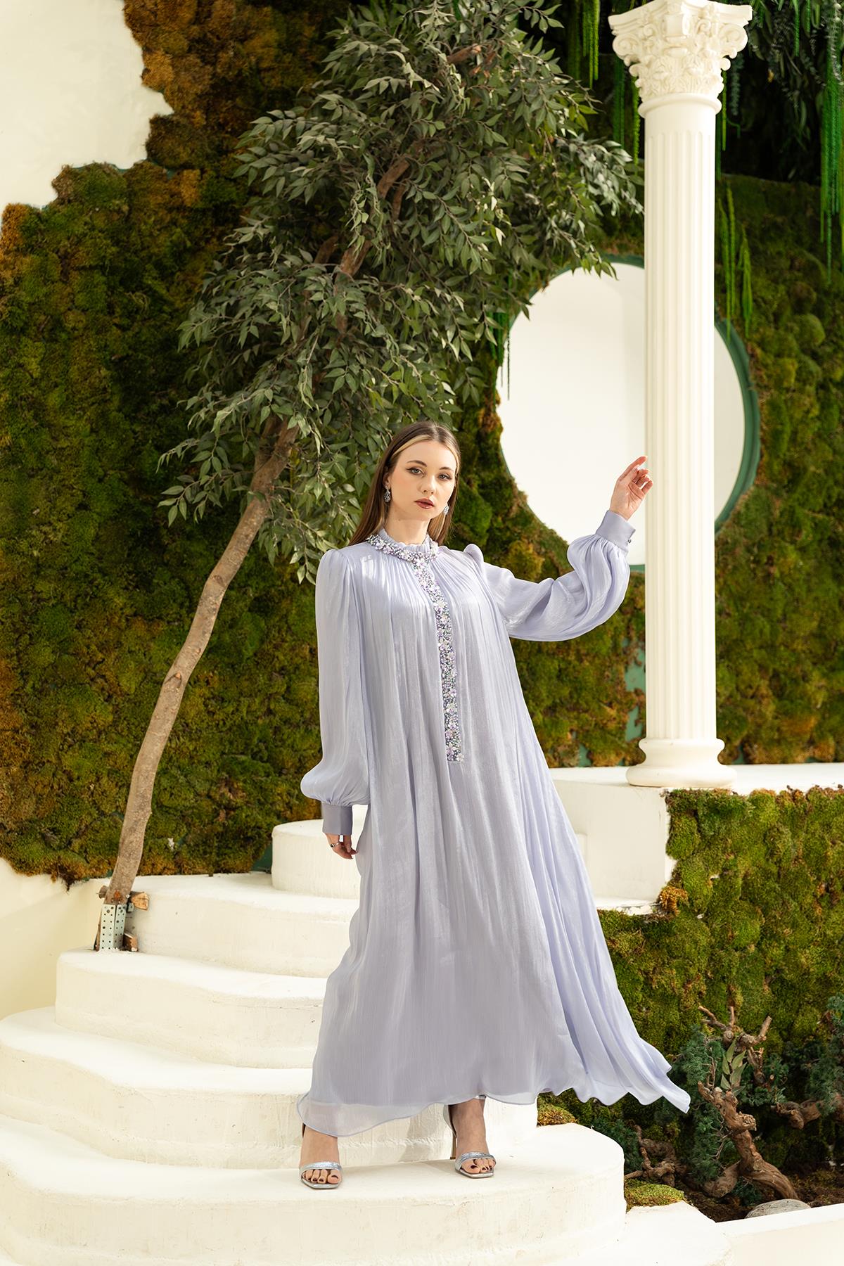 Organze Taş İşlemeli Elbise Lila