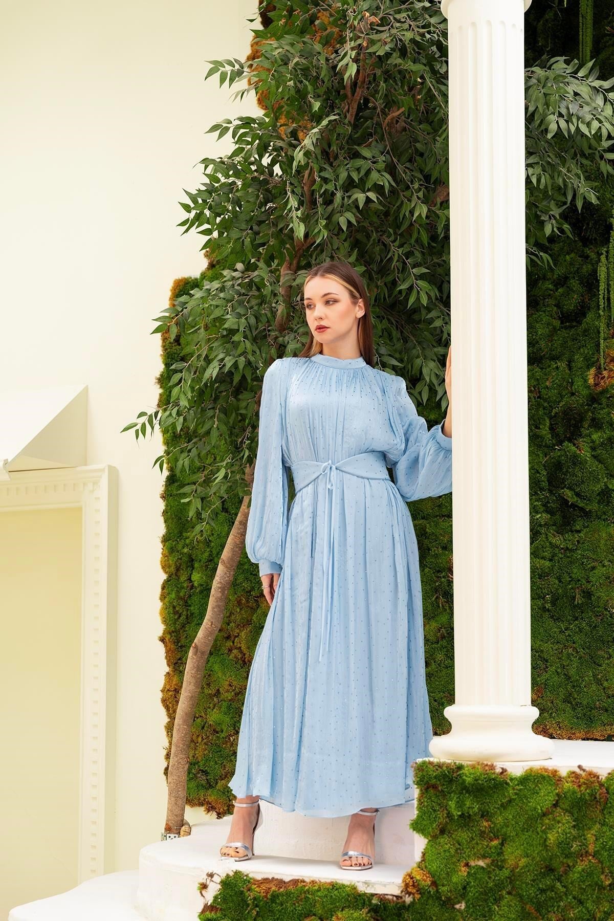 Organze Taşlı Elbise Mavi