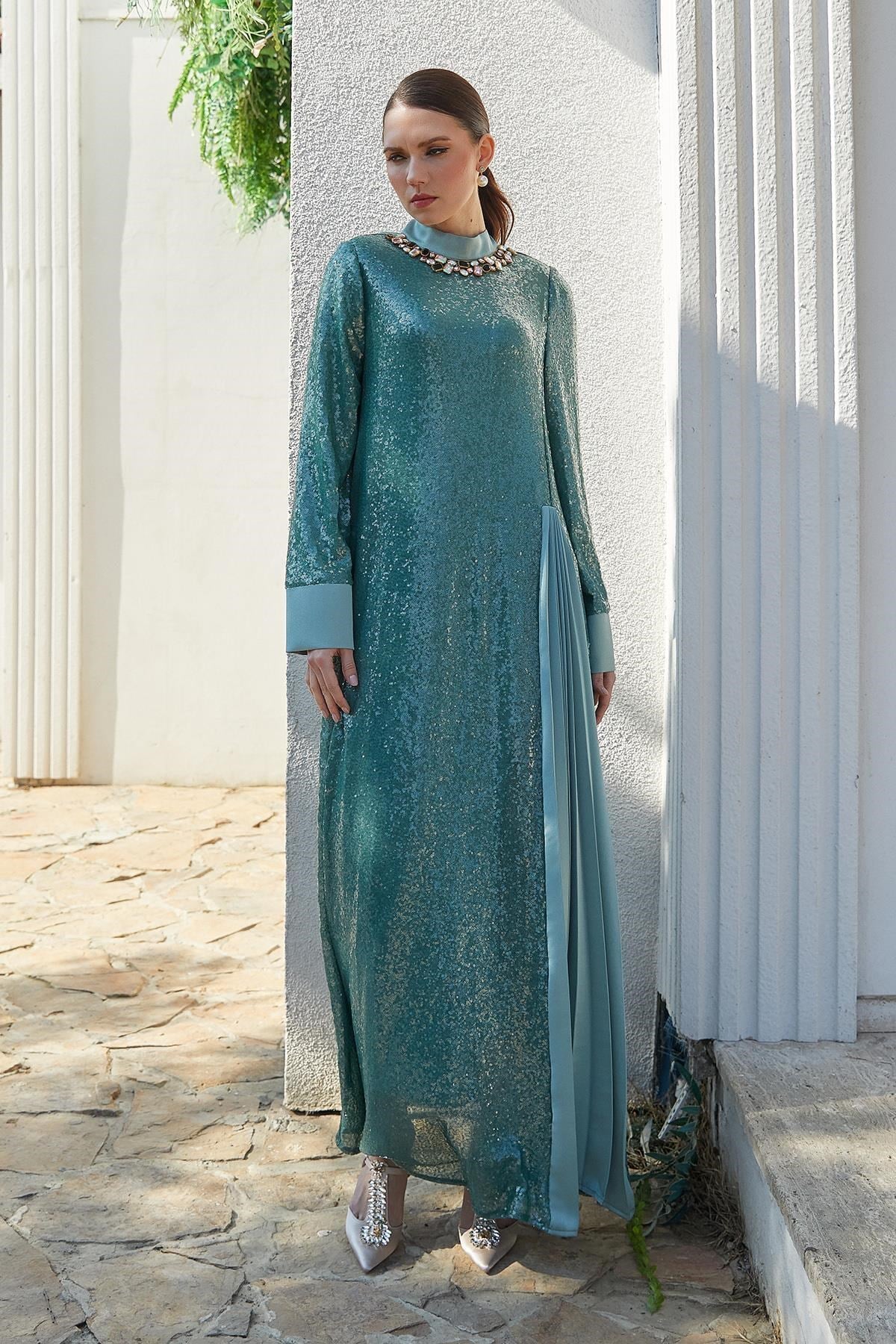 Payetli Yarım Balıkçı Yaka Elbise Mint