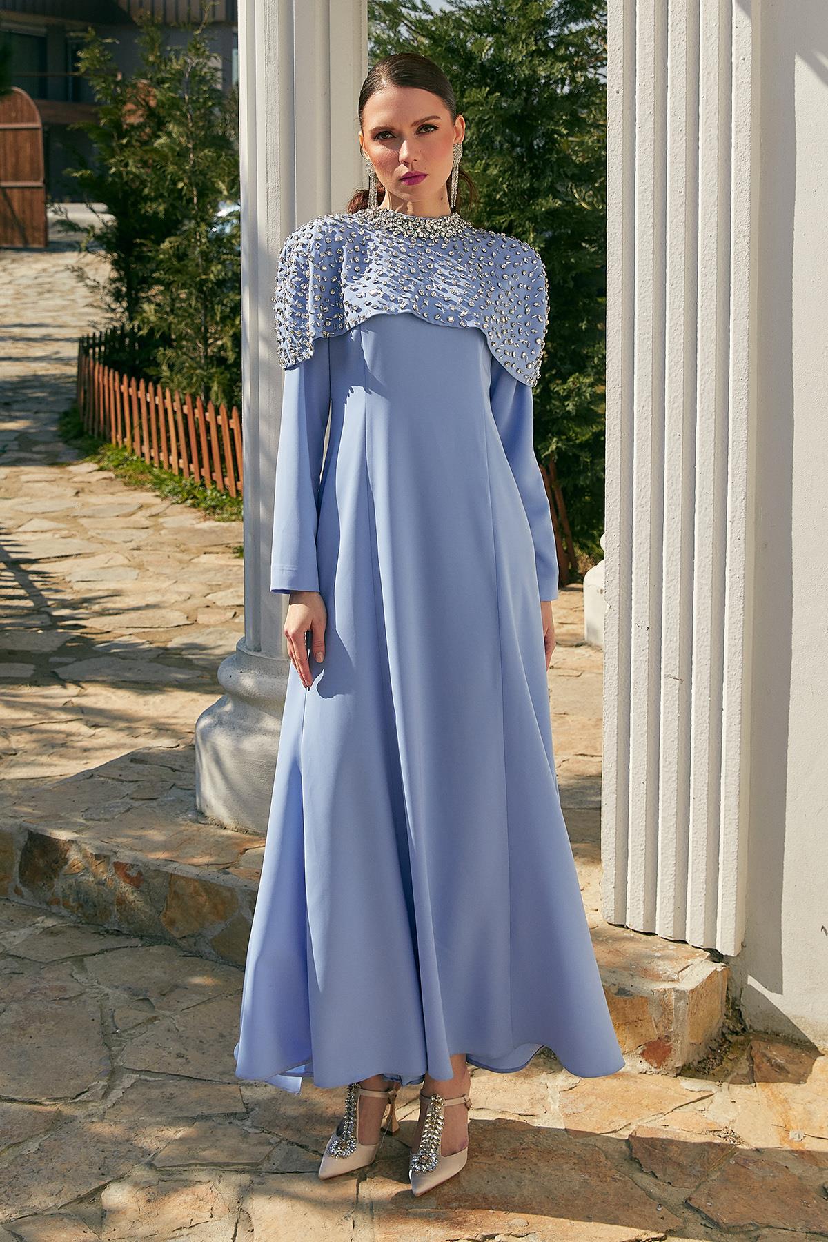 Pelerinli Elbise Mavi