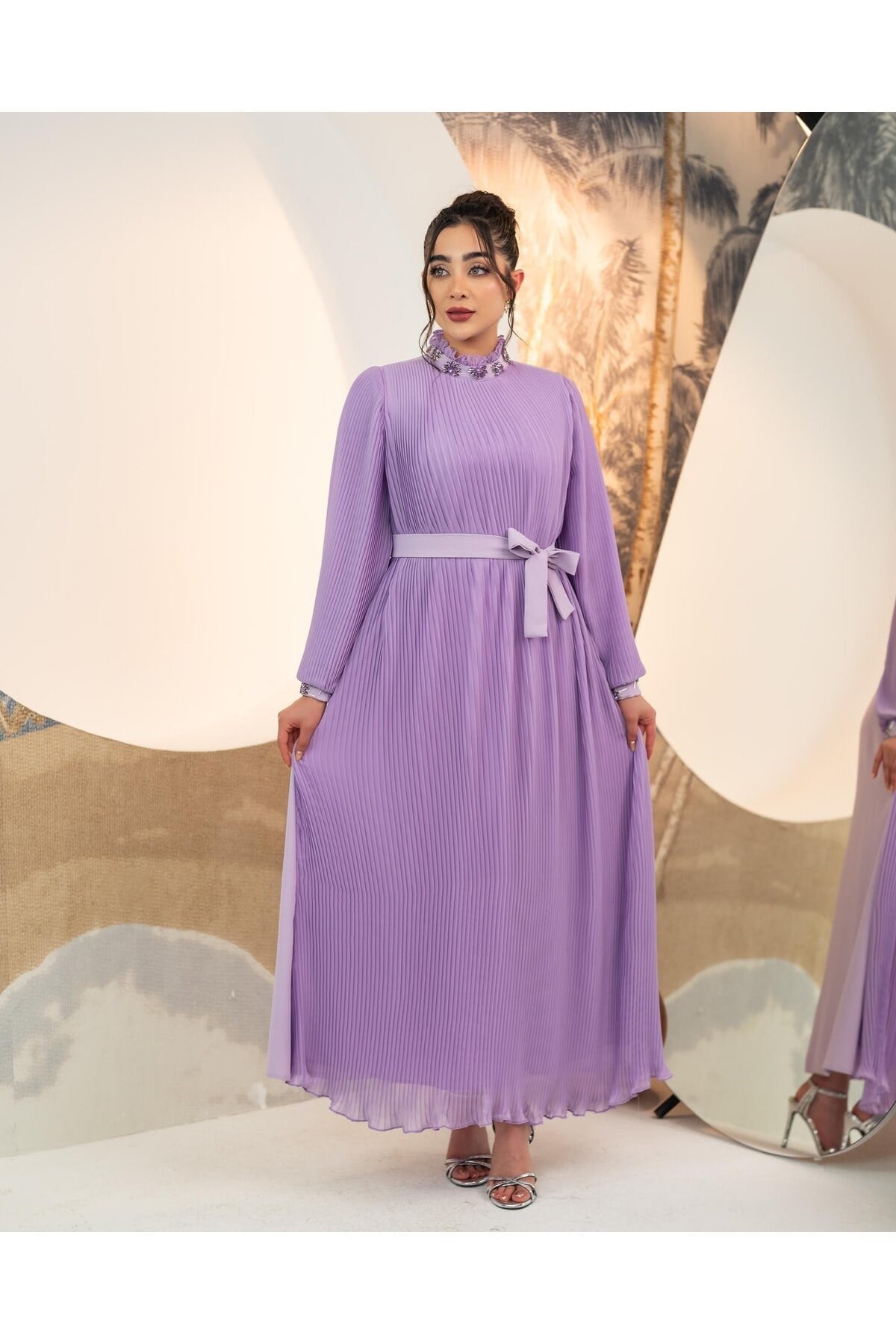 Pliseli Şifon Elbise Lila