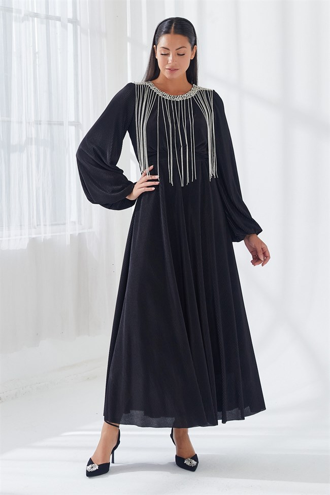 Pliseli Taş İşlemeli Elbise Siyah