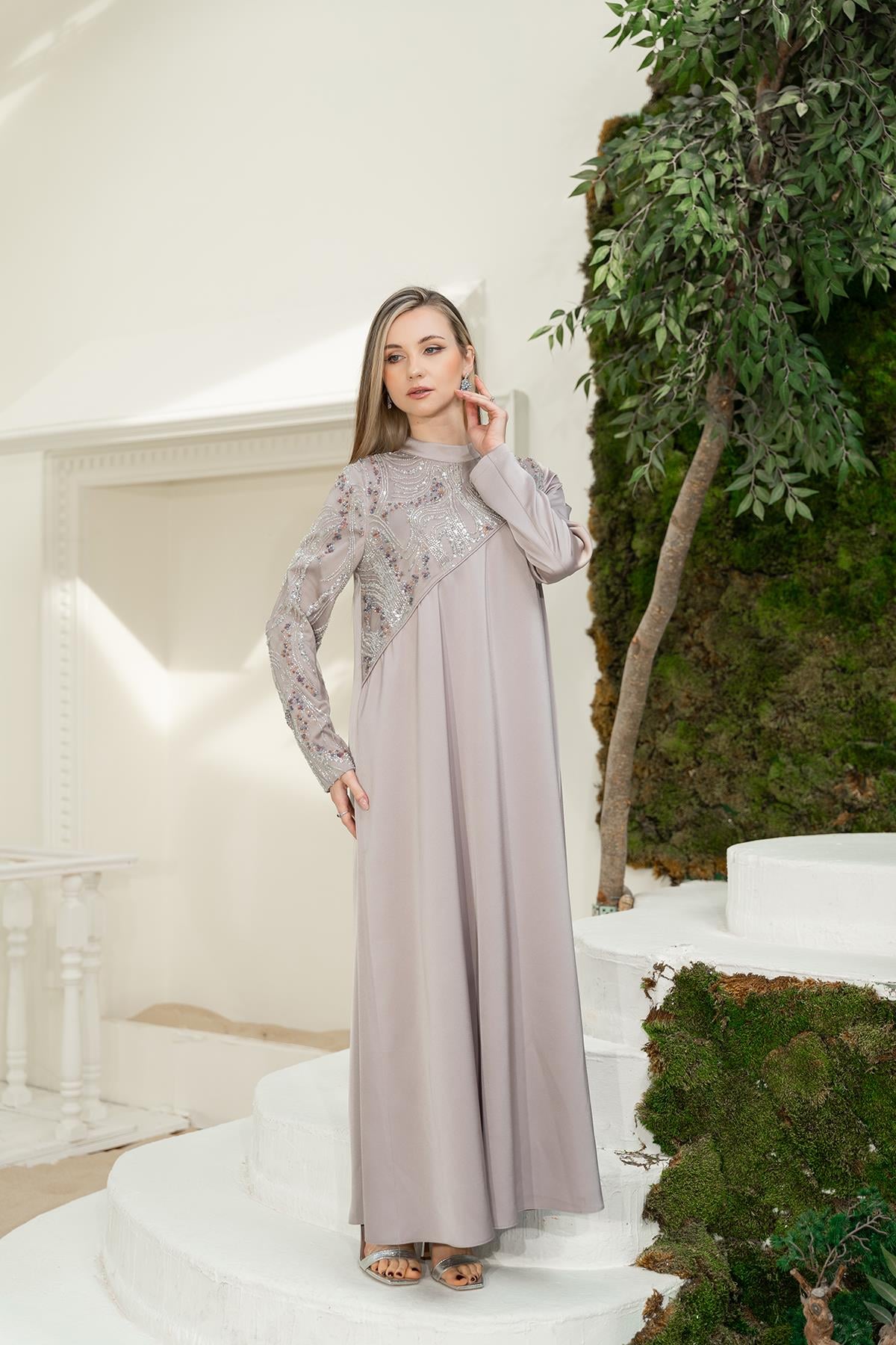 Pul Payetli Elbise Bej