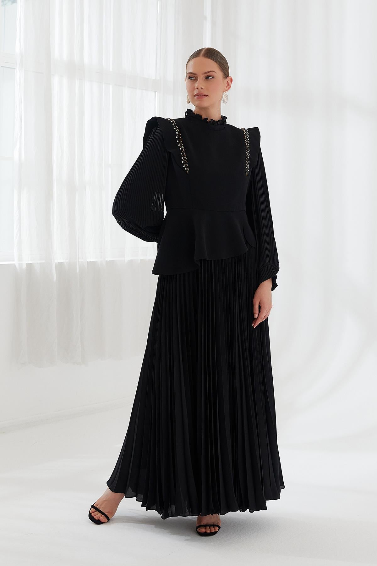 Şifon Krep Bluzlu Elbise Siyah