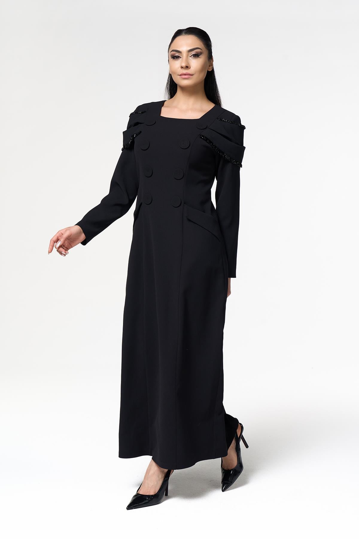 Süs Düğmeli Elbise Siyah