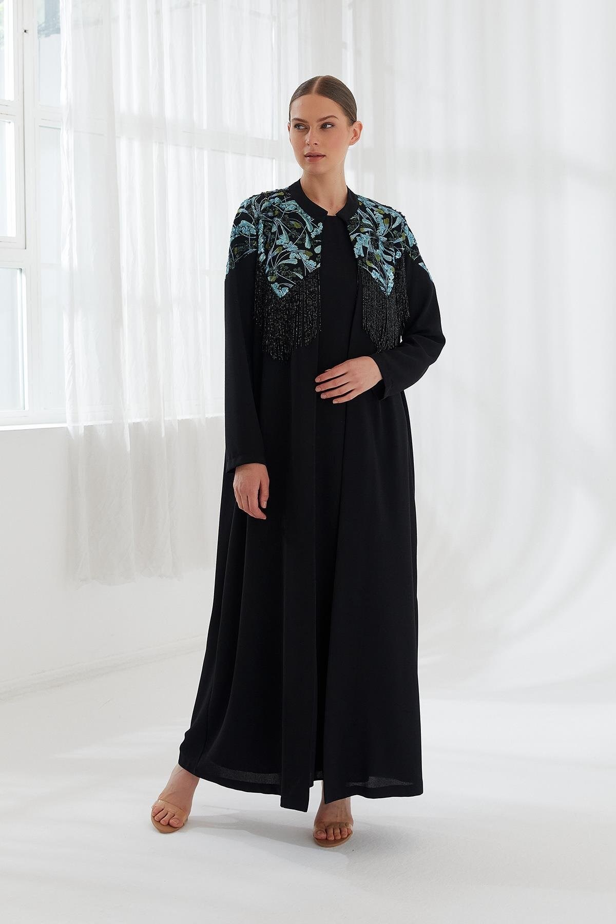 Taş İşlemeli Abaya Elbise İkili Takım Siyah